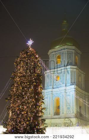 Main Kyiv's New Year tree on Sophia Square in Kyiv, Ukraine