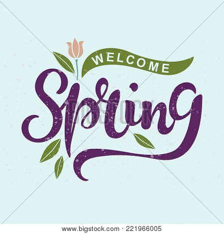 Welcome Spring text as logotype, badge and icon. Hand drawn Spring lettering for Warm season Postcard, card, invitation, flyer, banner template. Vector illustration isolated on background with texture