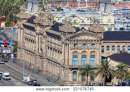 BARCELONA, SPAIN - September 15 2011- Day view of the landmark historic Old Customs House (Aduana) located on the waterfront in Barcelona, the capital of Catalonia