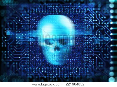 Blue Digital Cyber Skull And Cpu  3D Illustration