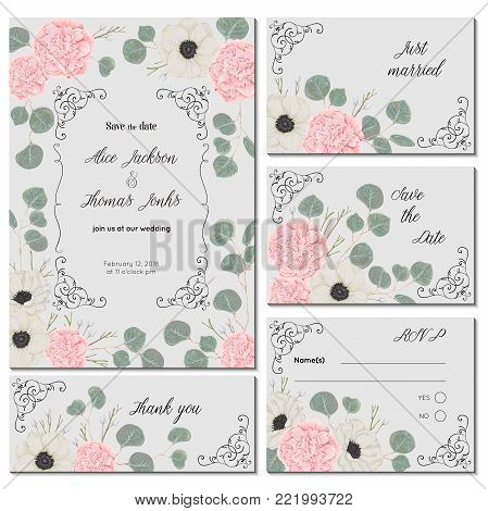 Save the date card with pink camellias, white anemone flowers and silver dollar eucalyptus. Holiday floral design for wedding invitation. Vintage hand drawn vector illustration in watercolor style