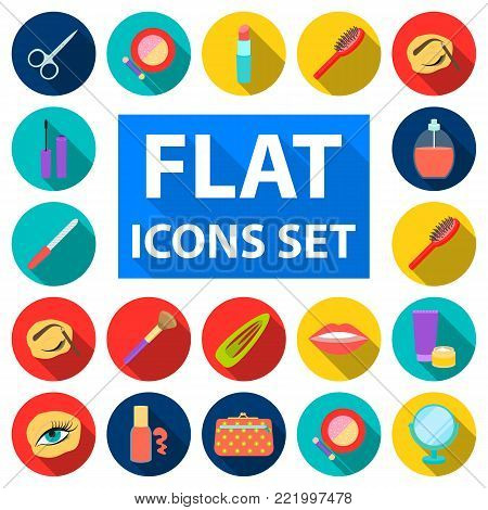 Makeup and cosmetics flat icons in set collection for design. Makeup and equipment vector symbol stock  illustration.