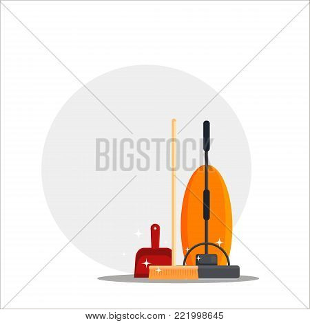 Cleaning service. Set house cleaning tools with vacuum cleaner, wooden broom, red scoop with place for your text. Household equipment for mopping - flat vector illustration.