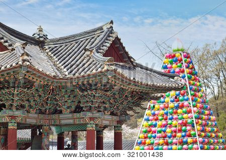 Roof Of Religious Building In Buddhist Temple Songgwangsa, South Korea, 12 April 2017 Close To Budda