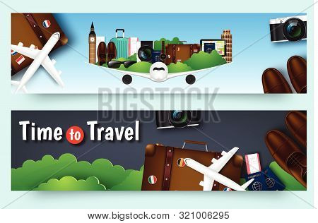 Colourful Travel Vector Flat Banner Set For Your Business. Quality Design Illustrations, Elements An