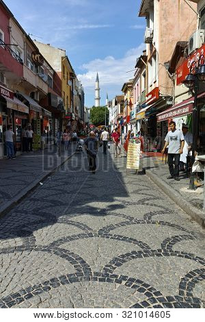 Edirne, Turkey - May 26, 2018: Saraclar Caddesi Shopping Street In The Center Of City Of Edirne, Eas