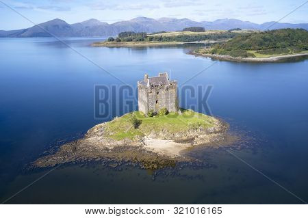 Castle Stalker At Port Appin In Argyll And Bute Highlands Scotland Aerial Birdseye View From Above