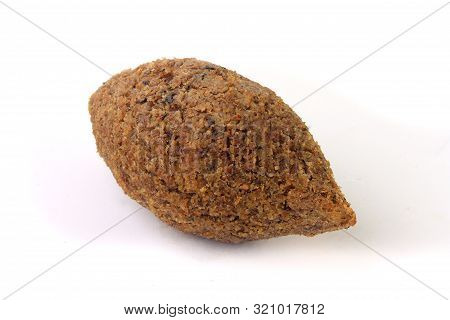 Kibbeh Traditional Lebanese Cuisine Food, Isolated On White Background. Fried Burghul And Meat Balls