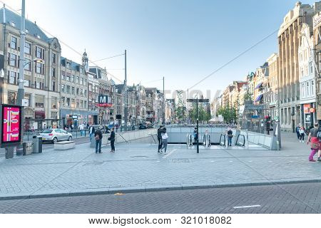 Amsterdam, Netherlands - June 6, 2019: Entrance To Rokin Metro Station In Amsterdam.