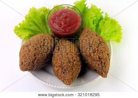 Kibbeh On The Plate, Traditional Lebanese Cuisine Food, Isolated On White Background