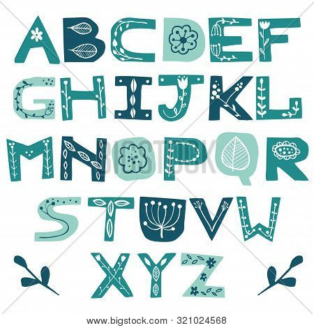 English Colorful Uppercase Paper Cut Alphabe With Floral Doodles. Cutout Letters. Vector Script. Abc