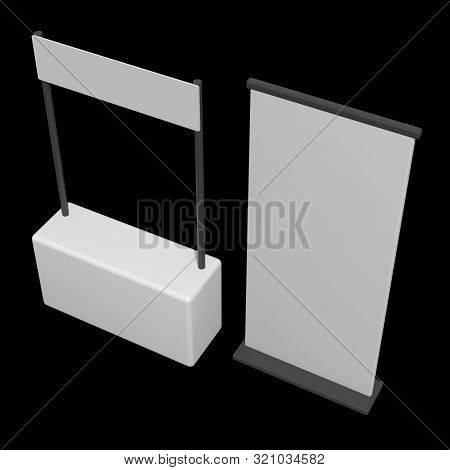 Stall Or Kiosk Modern Promostand Reception Desk With Roll Up. Trade Show Booth White And Blank. 3d R