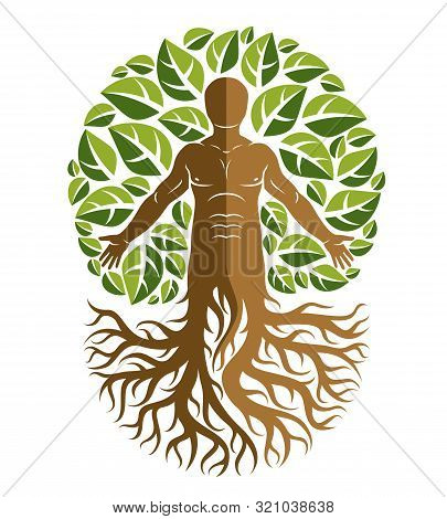 Vector Human, Individuality Created With Tree Roots And Surrounded By Eco Green Leaves. Family Tree,