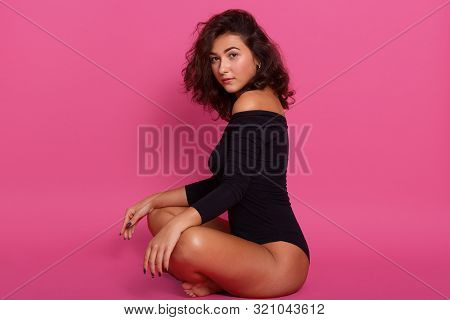 Portrait Of Pretty Woman Meditating On Floor Isolated Over Pink Studio Background, Adorablegirl Dres