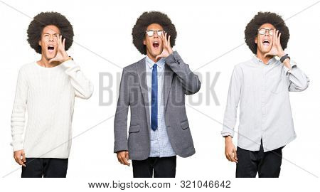 Collage of young man with afro hair over white isolated background shouting and screaming loud to side with hand on mouth. Communication concept.