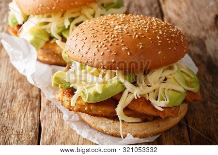 Brioche Cemita Poblana Sandwich With Meat, Cheese And Vegetables Close-up. Horizontal