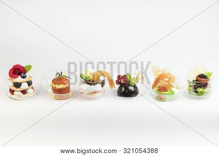 Mini Canapes For Refreshments At Banquets Receptions Catering On A White Background.