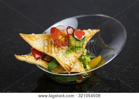Mini Canapes For Refreshments At Banquets Receptions Catering On A Dark Background.