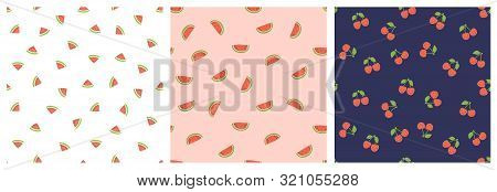Kid's Seamless Pattern. Smiling Watermelon And Cherry. Exotic Fruit Fashion Print. Design Elements F