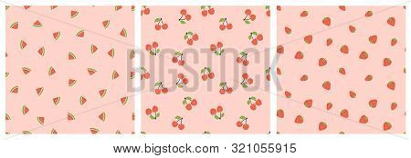 Kid's Seamless Pattern. Smiling Watermelon, Cherry And Strawberry. Exotic Fruit Fashion Print. Desig