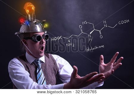Nerd Presenting Handdrawn Chemical Formula Of Formic Glutathione Antioxidant Peptide