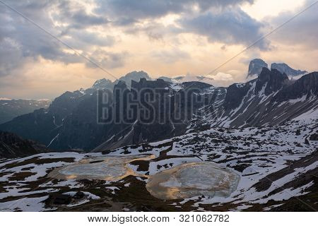 Beautiful View Of Laghi Dei Piani At Sunset. Tre Cime, Italy