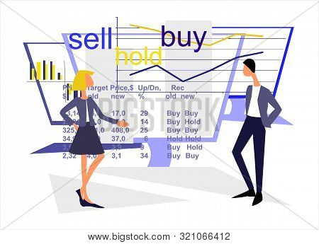 Equity Research Concept. Teamwork On Stock Market. Sales Managers, Analysts. Hand Drawn People, Tabl