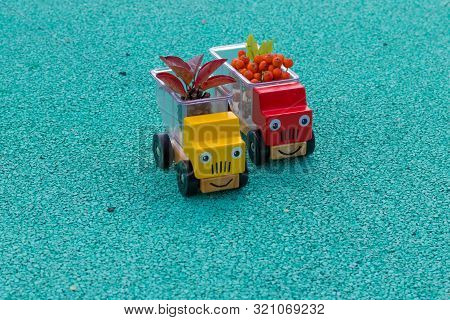 Two Toy Cars Trucks Brought Autumn With Them. In The Back Are Red Leaves And Rowan Berries. Copy Spa