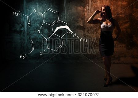 Sexy Girl Or Secretary Or Female Student Presenting Handdrawn Chemical Formula Of Heroin