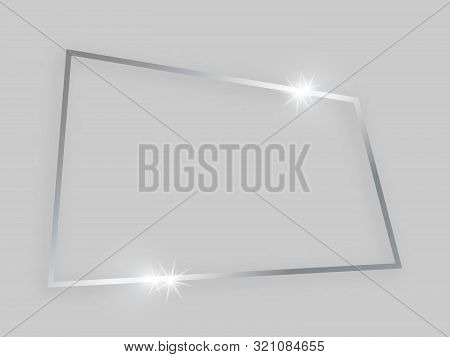 Shiny Frame With Glowing Effects. Silver Quadrangular Frame With Shadow On Grey Background. Vector I