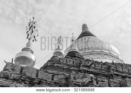 Black And White Picture Of An Ancient Buddhist Dhammayazika Pagoda, Landmark Of Bagan In Myanmar