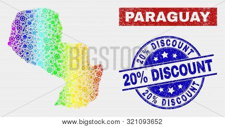 Engineering Paraguay Map And Blue 20 Percent Discount Scratched Stamp. Spectral Gradiented Vector Pa
