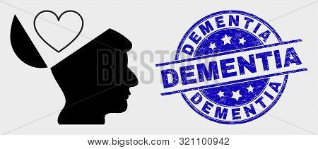 Vector Favourites Open Mind Icon And Dementia Watermark. Red Rounded Distress Seal With Dementia Cap