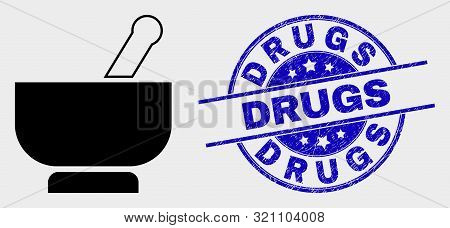 Vector Mortar Pictogram And Drugs Seal Stamp. Red Round Distress Seal Stamp With Drugs Text. Vector 