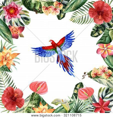 Watercolor Parrot With Tropical Floral Frame Isolated On A White Background
