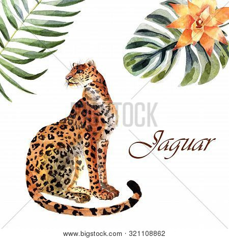 Watercolor Jaguar With Green Leaves Isolated On A White Background