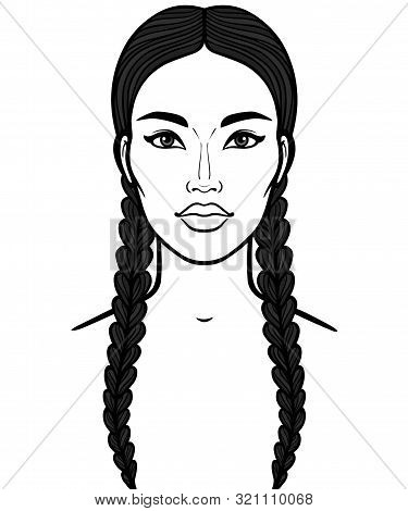 Asian Beauty. Animation Portrait Of A Beautiful Girl With Braids .  Vector Illustration Isolated On 