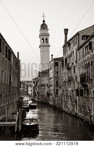 San Giorgio dei Greci church bell tower and Venice canal. Italy.