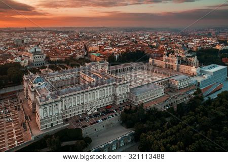 Royal Palace aerial view at sunrise in Madrid, Spain.