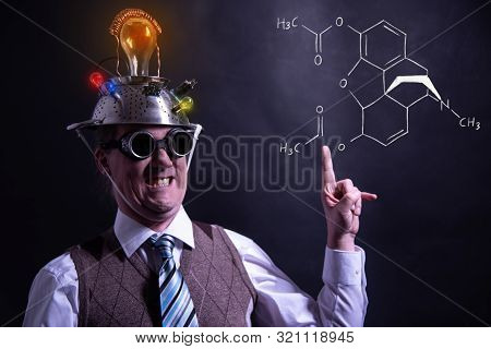 Nerd Presenting Handdrawn Chemical Formula Of Formic Heroin