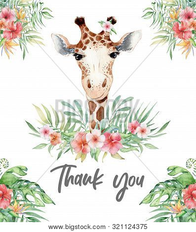 Cute Watercolor Geraffe With Tropical Flowers Card Hand Drawn Illustration