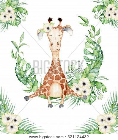 Cute Watercolor Geraffe With Tropical Flowers Card Hand Drawn Illustration