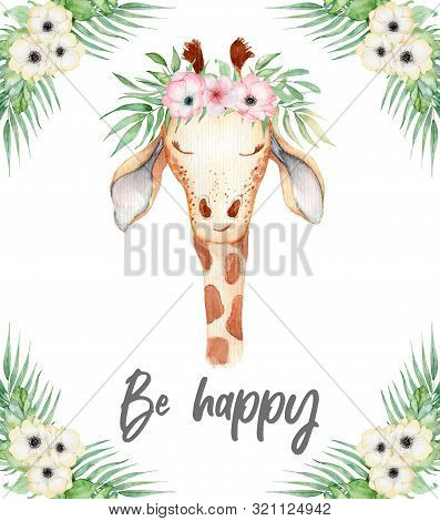 Cute Watercolor Geraffe With Tropical Flowers Card Hand Drawn Illustration