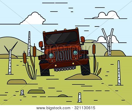 Off Road Landscape Poster. Driving In Swamp. 4x4 Car. Editable Vector Illustration In Bright Colors.