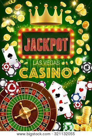 Casino Gambling Games, Vector. Roulette Wheel Of Fortune, Poker Playing Cards And Dices. Golden Crow