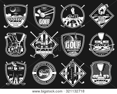 Golf Sport Club Monochrome Isolated Icons And Badges. Vector Golfing Court, Ball And Stick, Player A