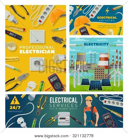 Electrical Services And Electrician, Power Plant Generation. Vector Engineer, Sockets And Light Bulb