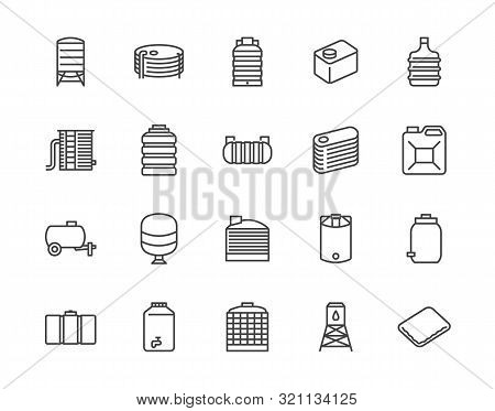 Water Tank Flat Line Icons Set. Liquid Storage, Plastic Container, Rainwater Harvesting, Oil Plastic