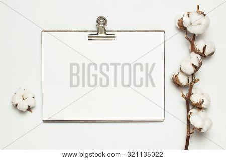 Blank White Paper With Folder And Metal Clothespin, Cotton Branch On Gray Background Top View Flat L