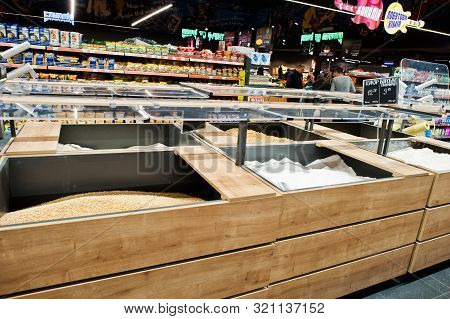 Kiev, Ukraine - September 4, 2019: Silpo Supermarket. Cereals And Pasta On The Shelf Of Store.